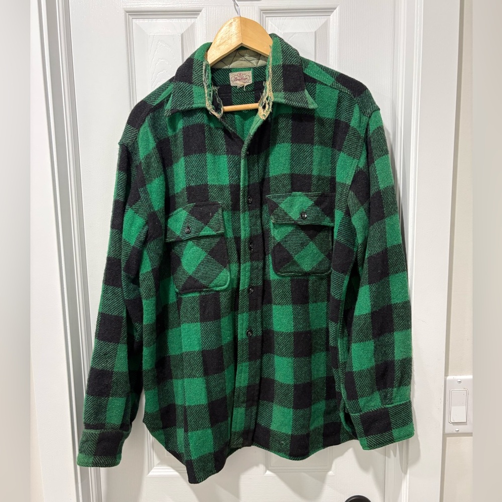 Vintage 1950s Five brother Green and Black Buffalo Plaid wool Shirt Jacket XL